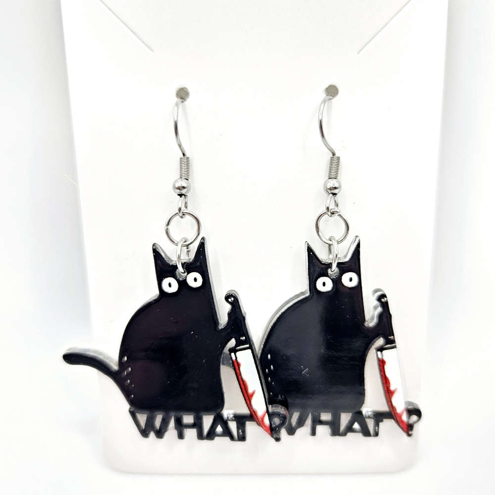 Black Murder Cat Bloody Knife Stabby Kitty Acrylic Earrings French Hooks New